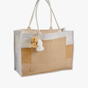 NEW JUTE COLOR BLOCK TOTE BAG